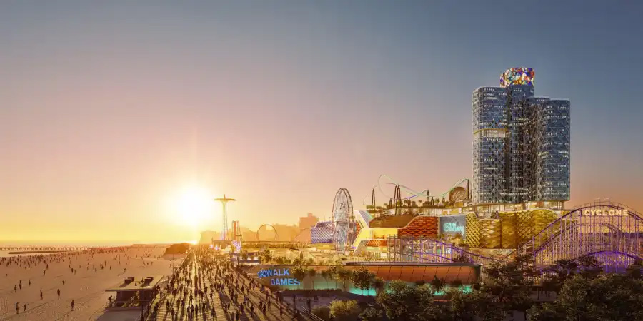 rendering of a sunset view of coney island with a casino tower