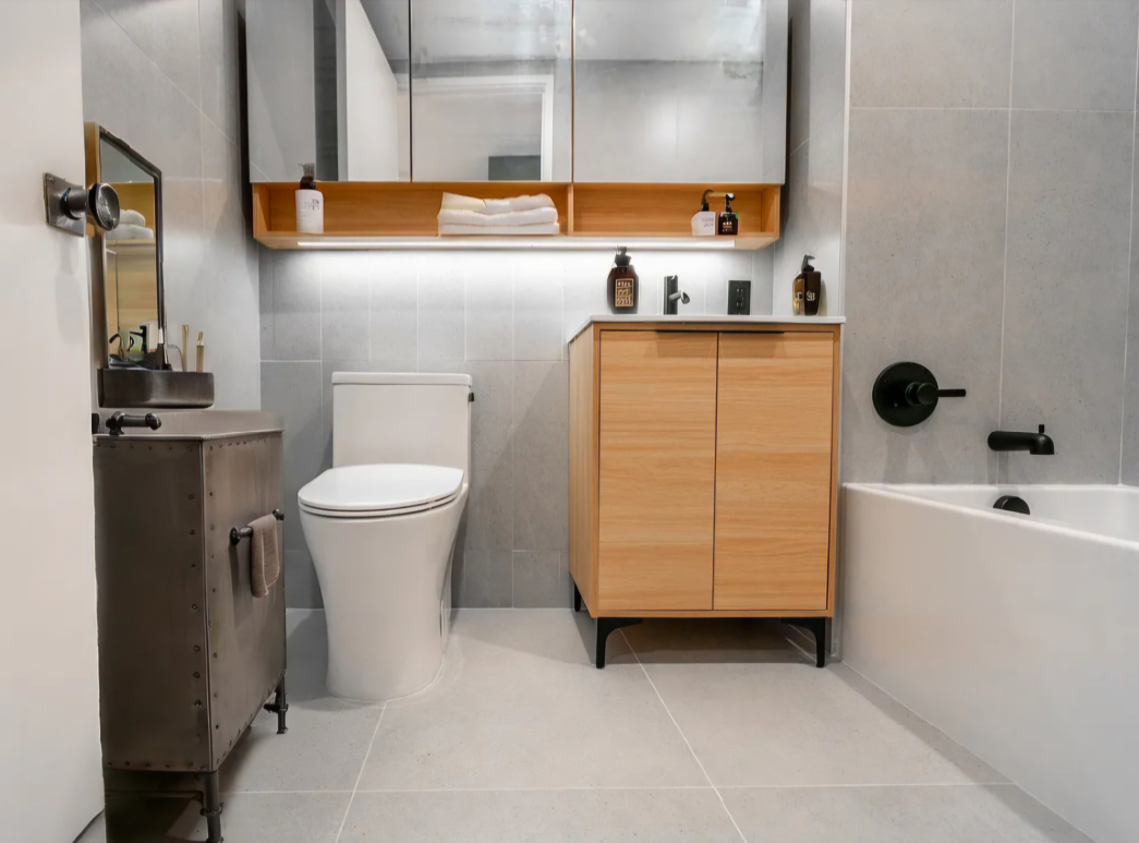 bathroom with a wood vanity