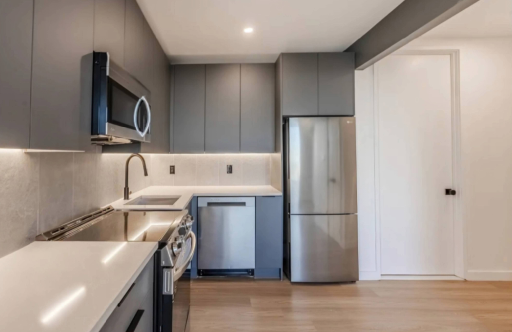kitchen with gray cabinets