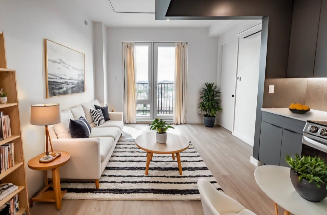 open plan living and kitchen room with access to a terrace
