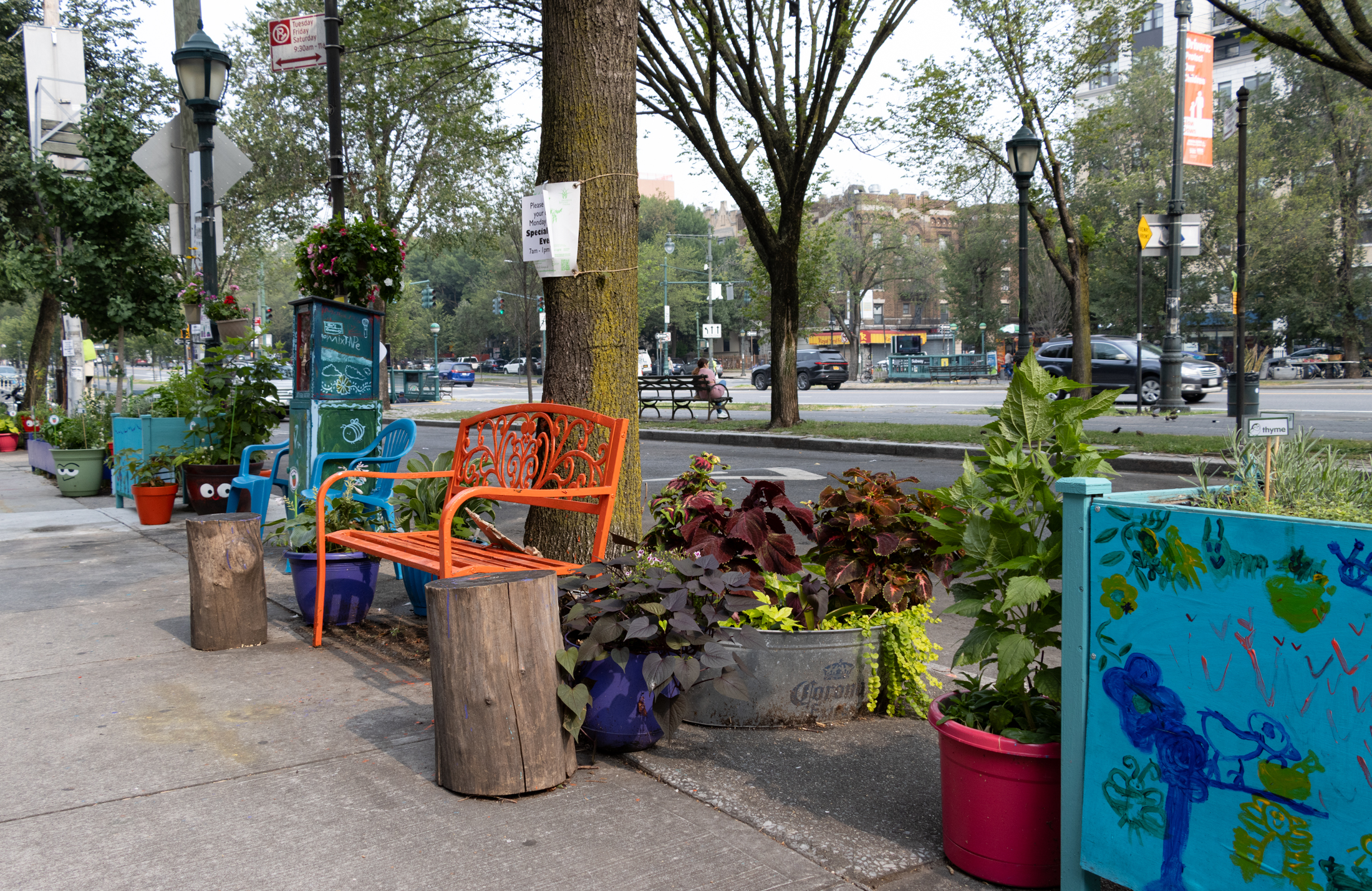 colorful planters and benches