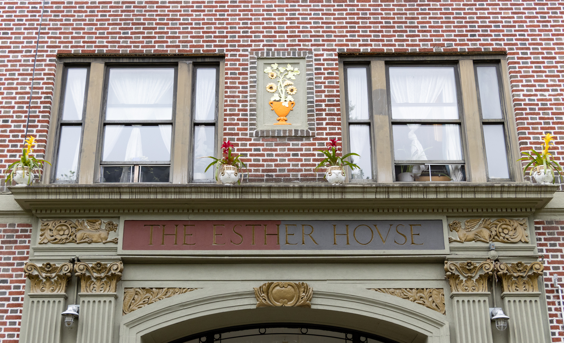 flower pots perched on a ledge above an apartment building entrance