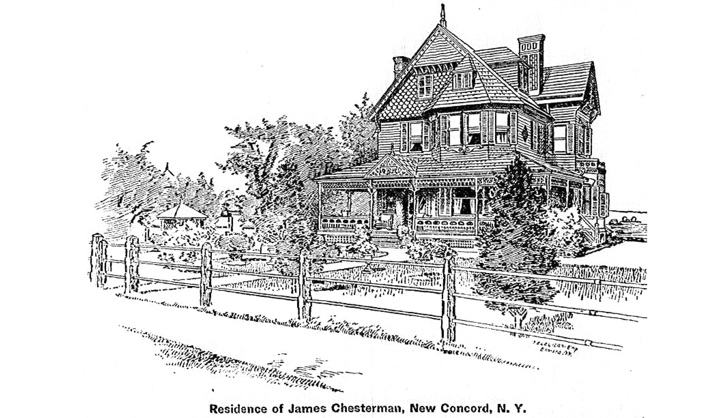 black and white sketch of a queen anne style house