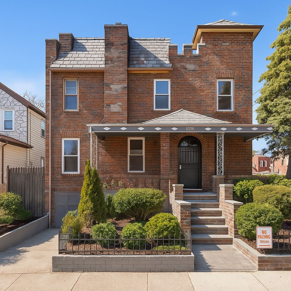 brick exterior with a stoop and a short drive to garage on the lower level