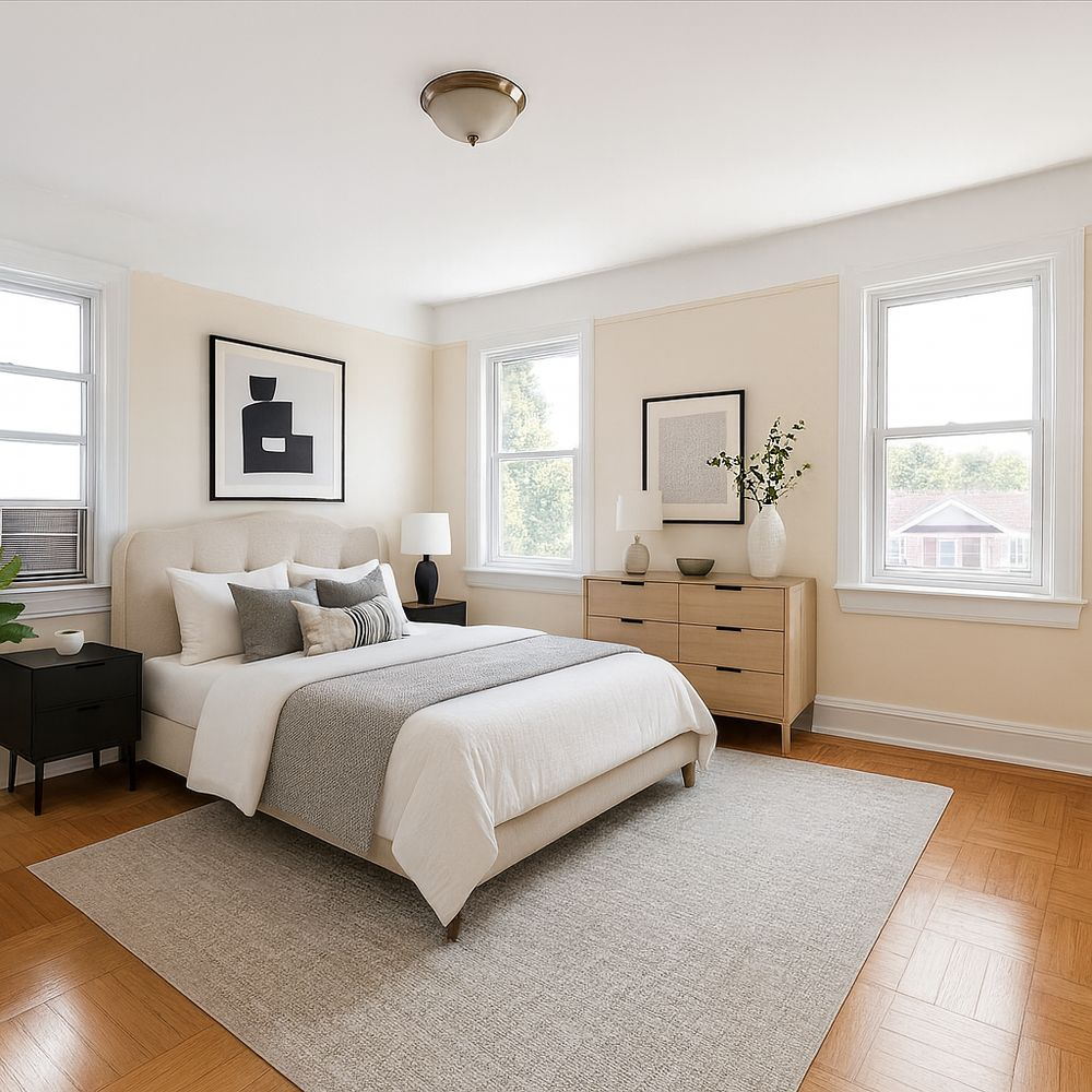 virtually staged bedroom with a large bed, dresser
