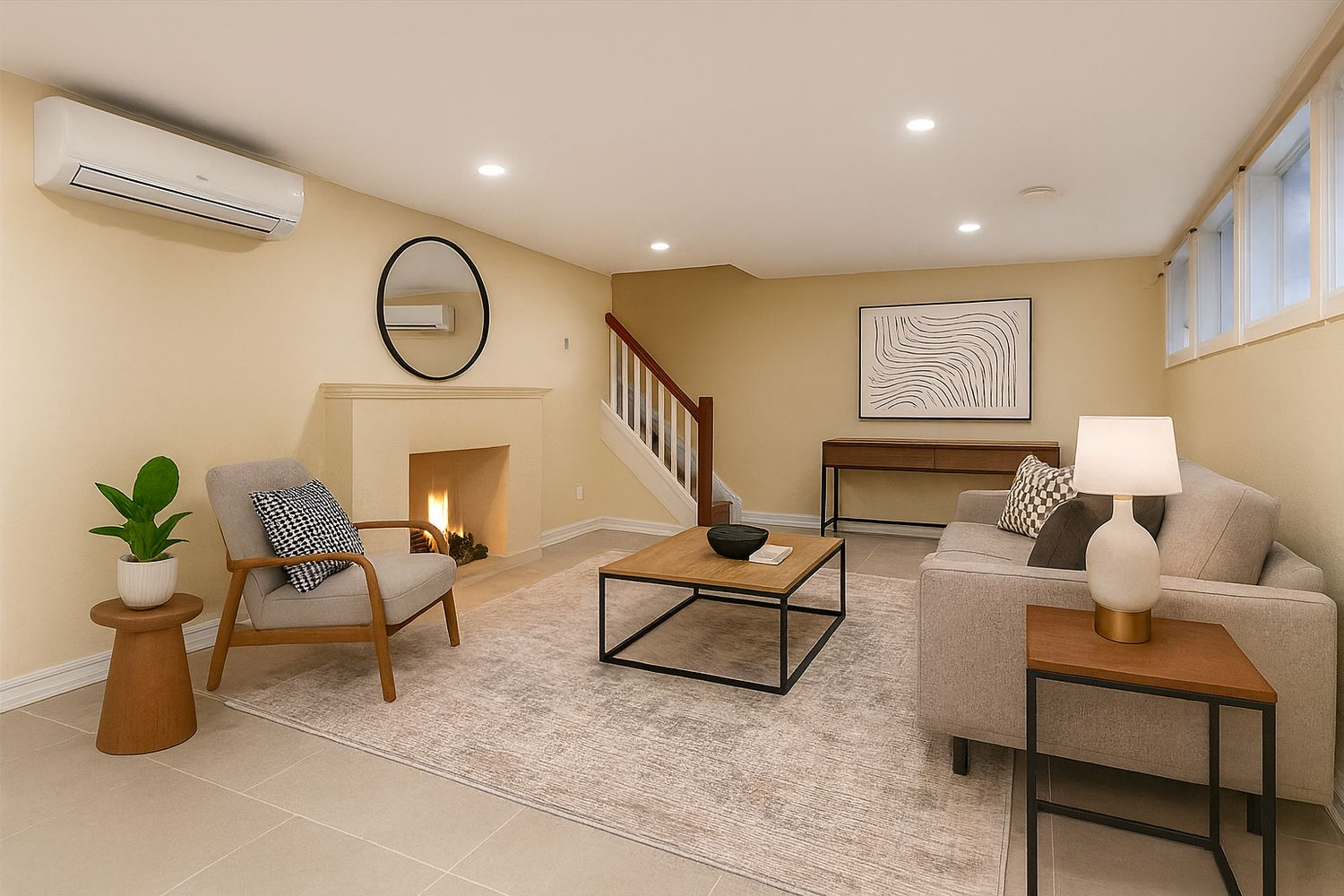 virtually staged rec room with tile floor and a fireplace