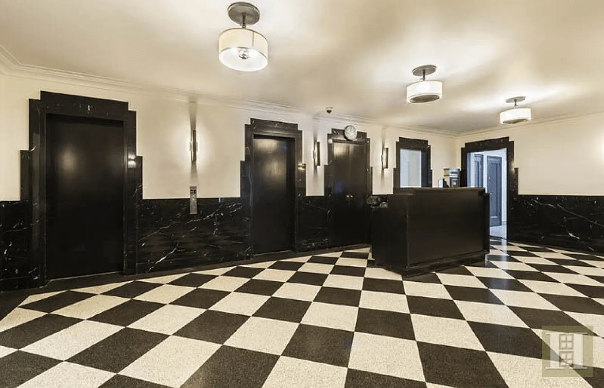 lobby with black and white floor tile