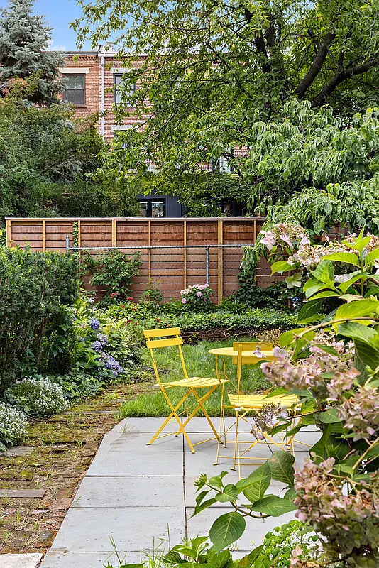 rear yard with a paved patio and planting beds