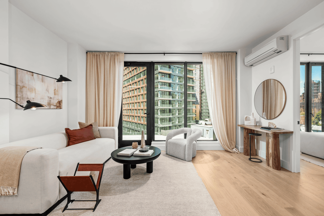 living room with floor to ceiling windows