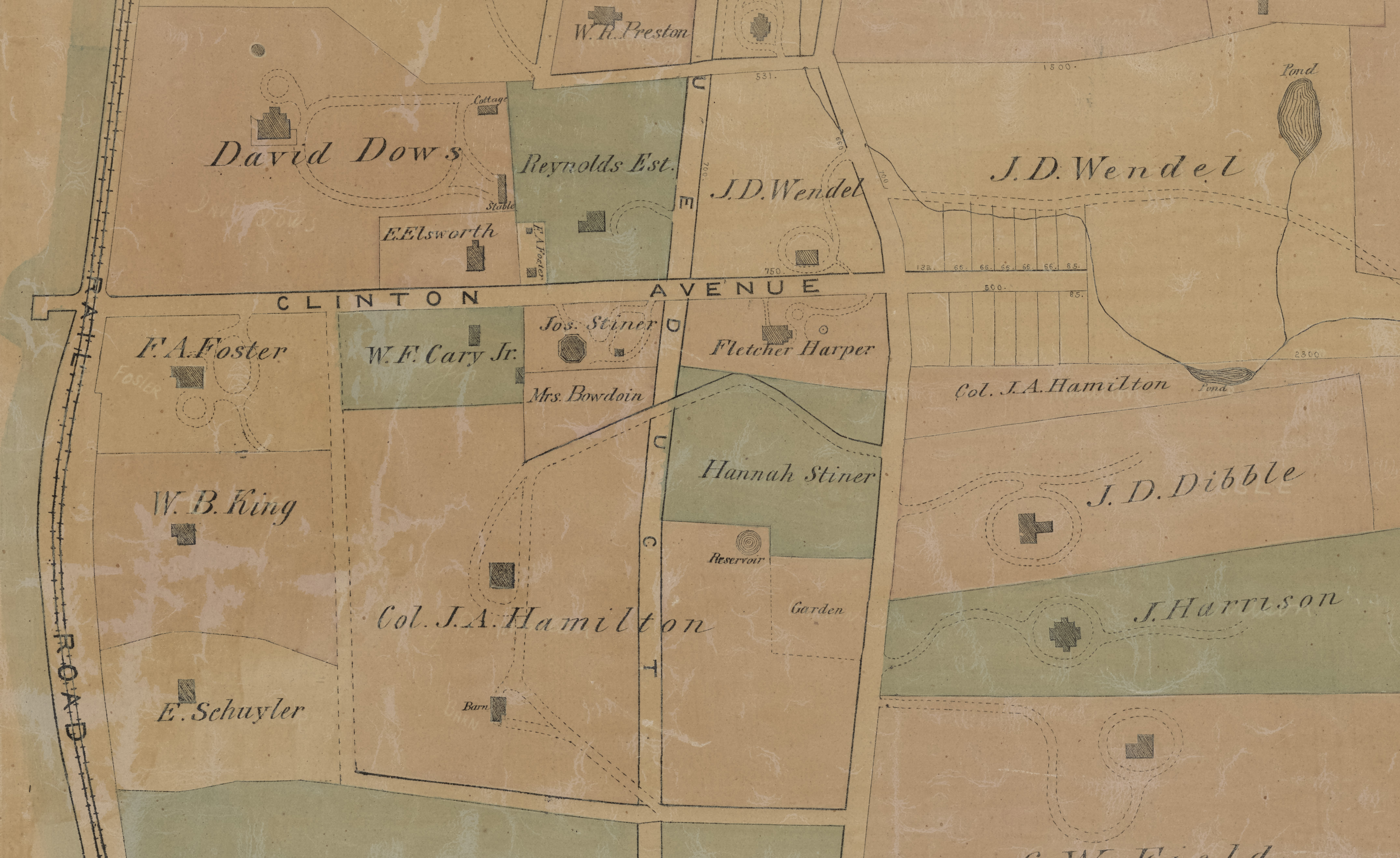 map showing houses marked with owners including the octagon shape of the armour stiner house