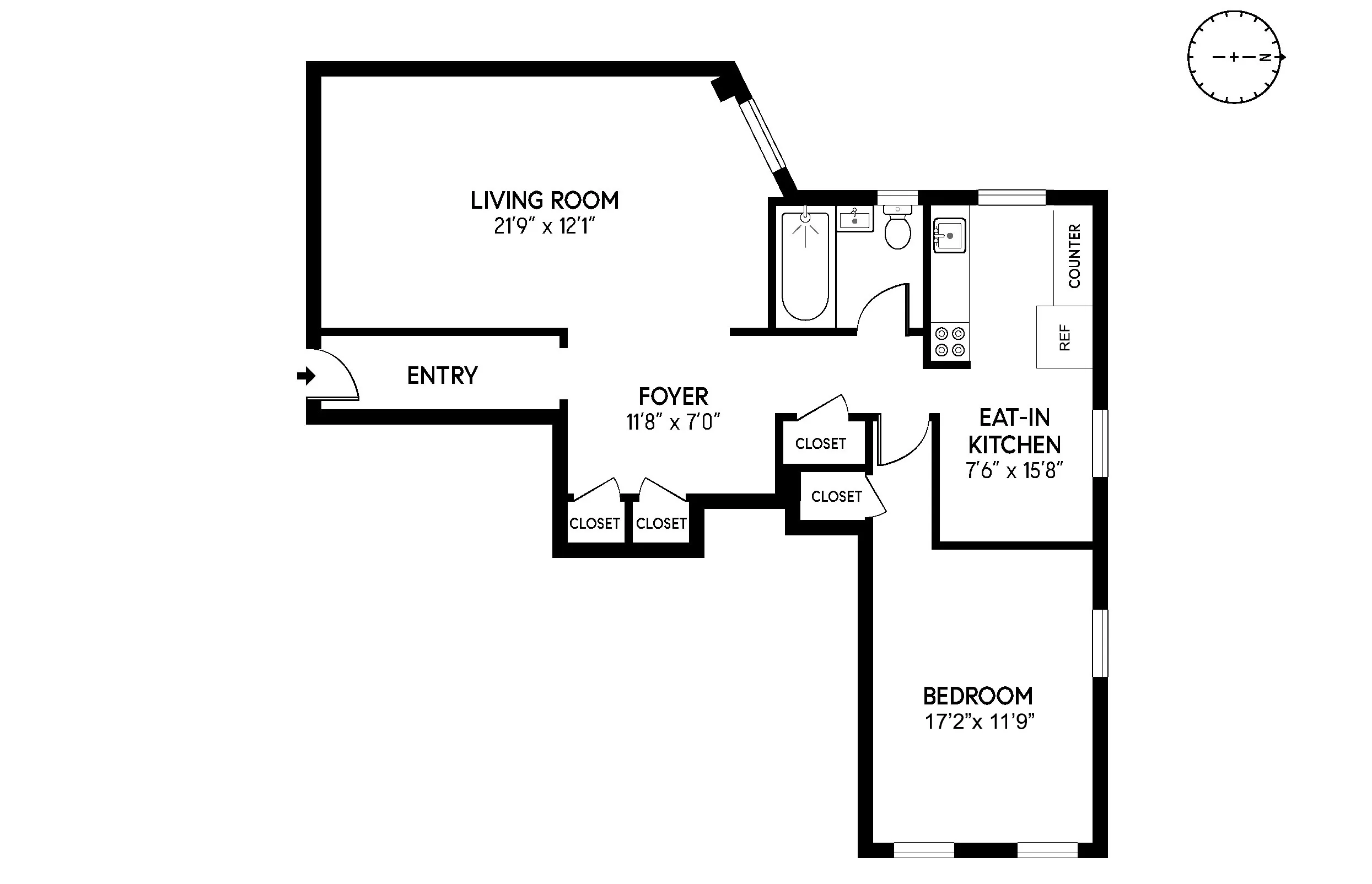 floorplan with bedroom on one end and living room on other end of the unit