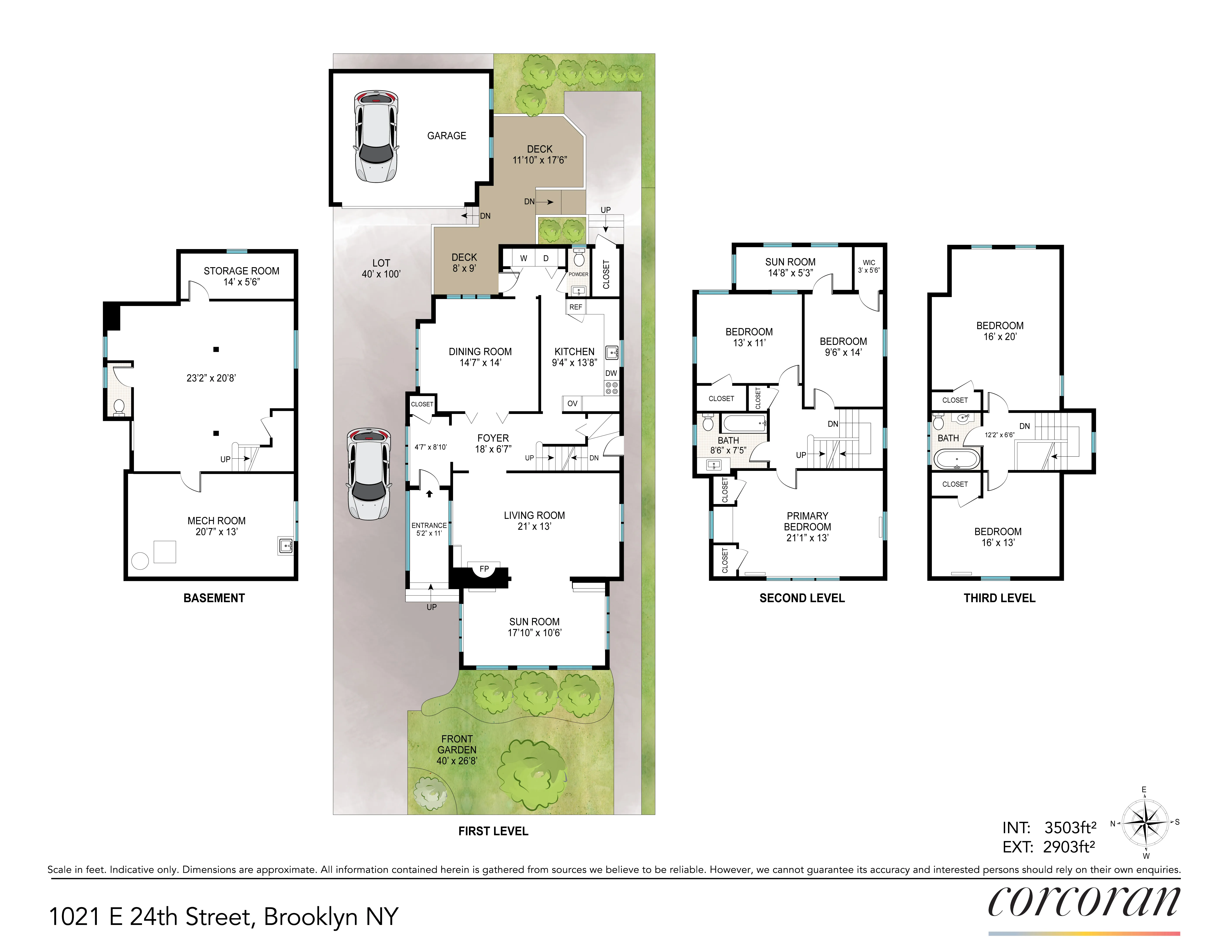 floorplan showing three floors of living space plus a basement and a garage