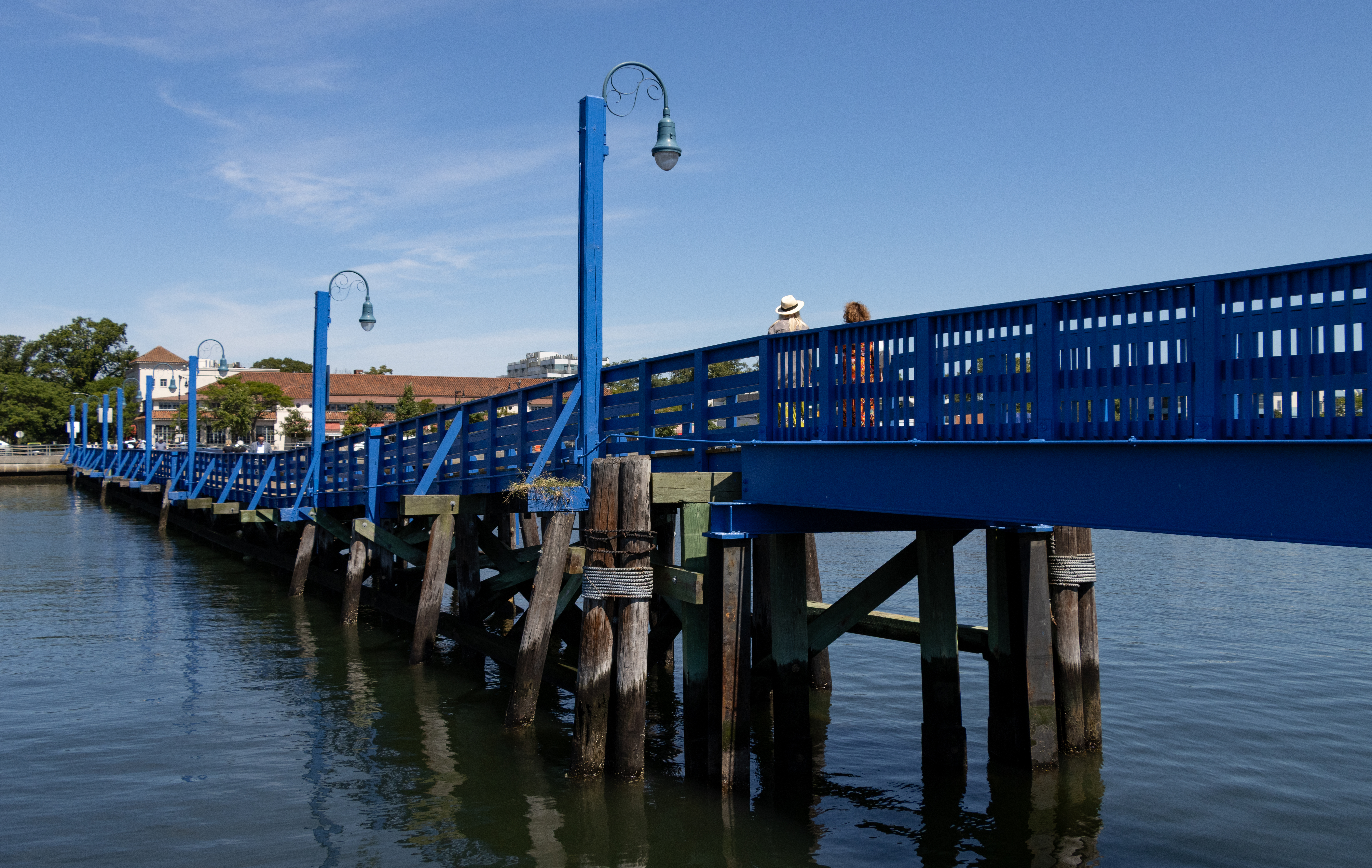 people walk across a wooden bridge with blue railings
