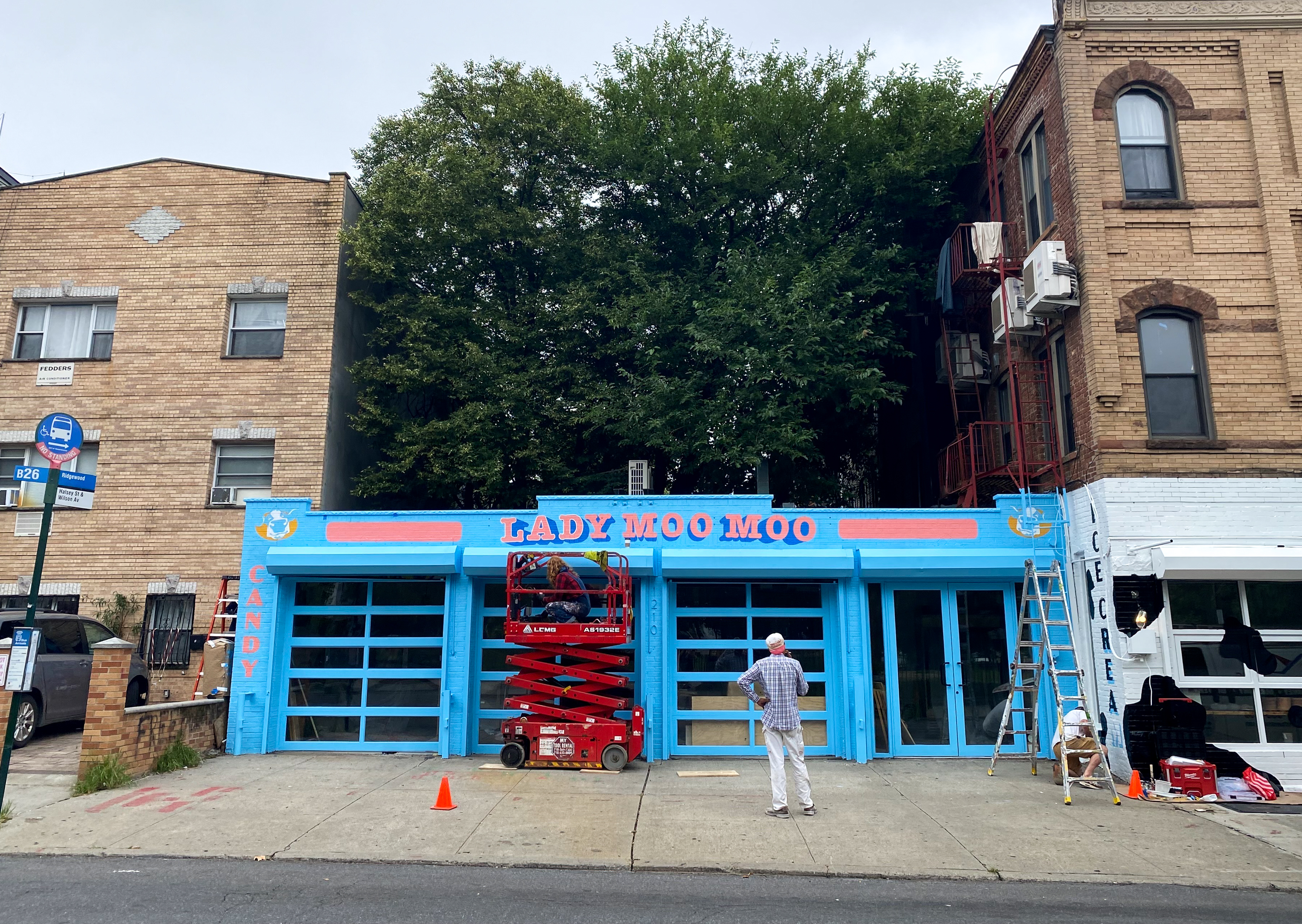 one story building painted blue and adjoining building painted with a cow pattern