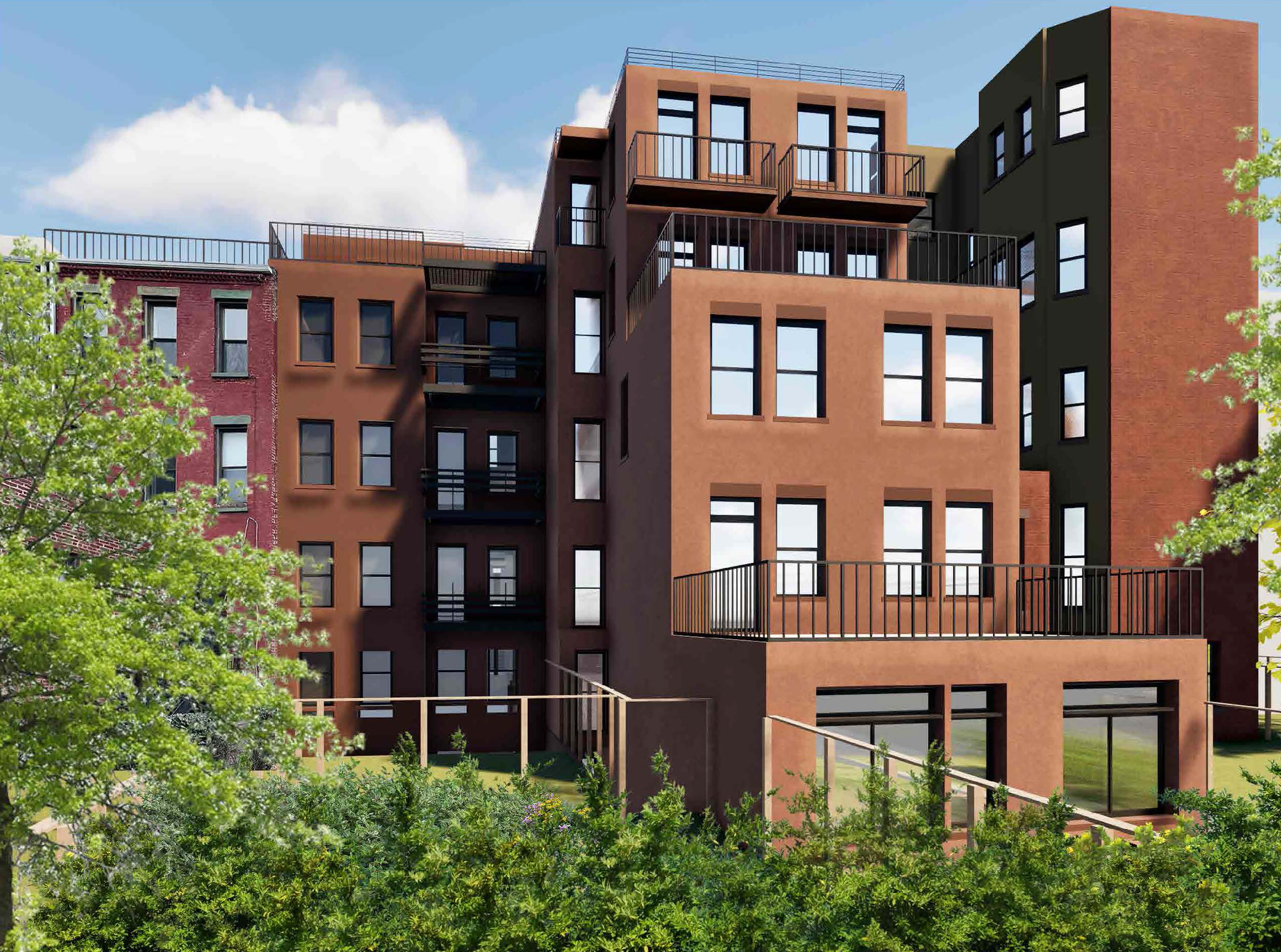 brownstone exterior with balconies and terraces