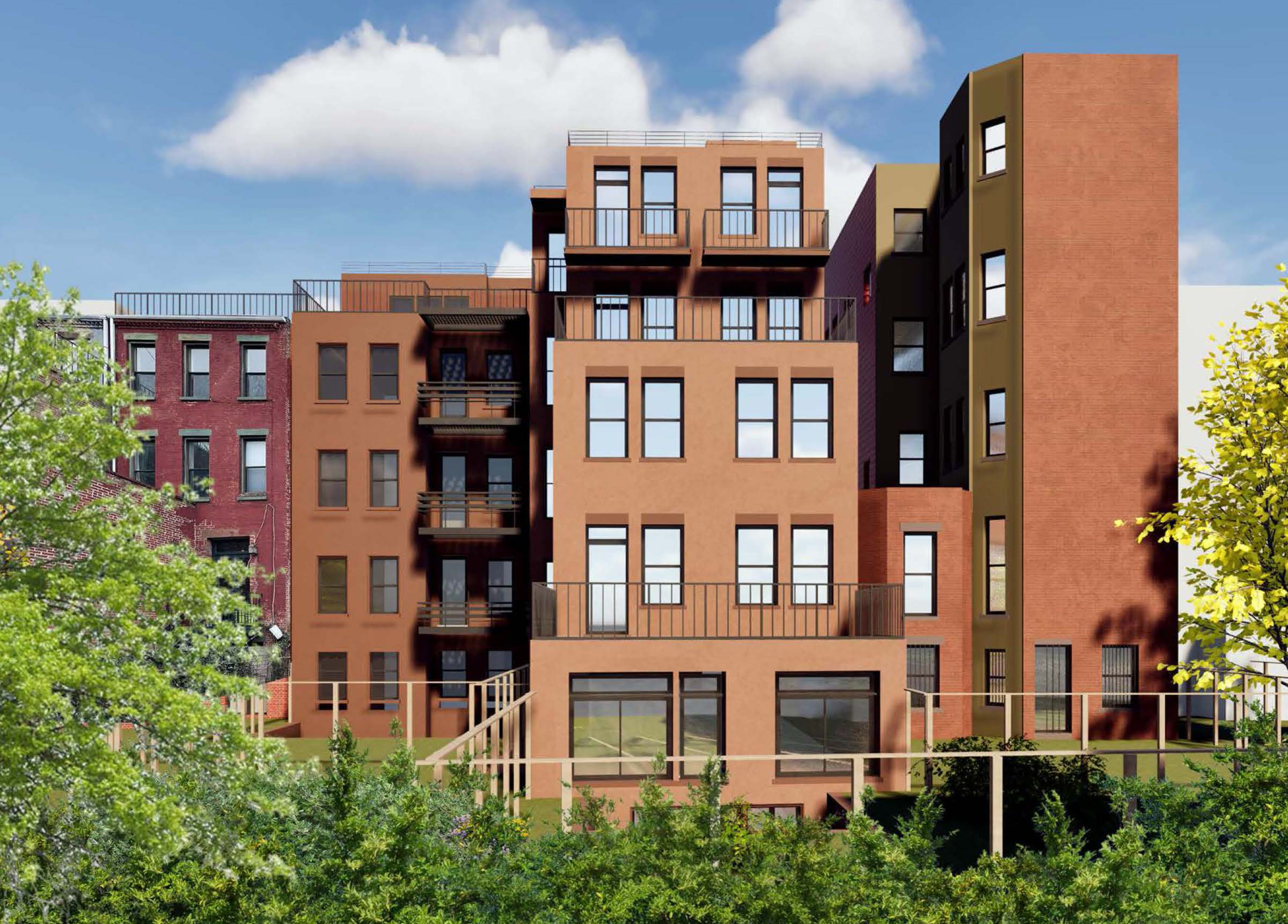 brownstone rear facade with balconies and terraces