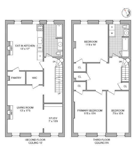floorplan showing a duplex with three bedrooms