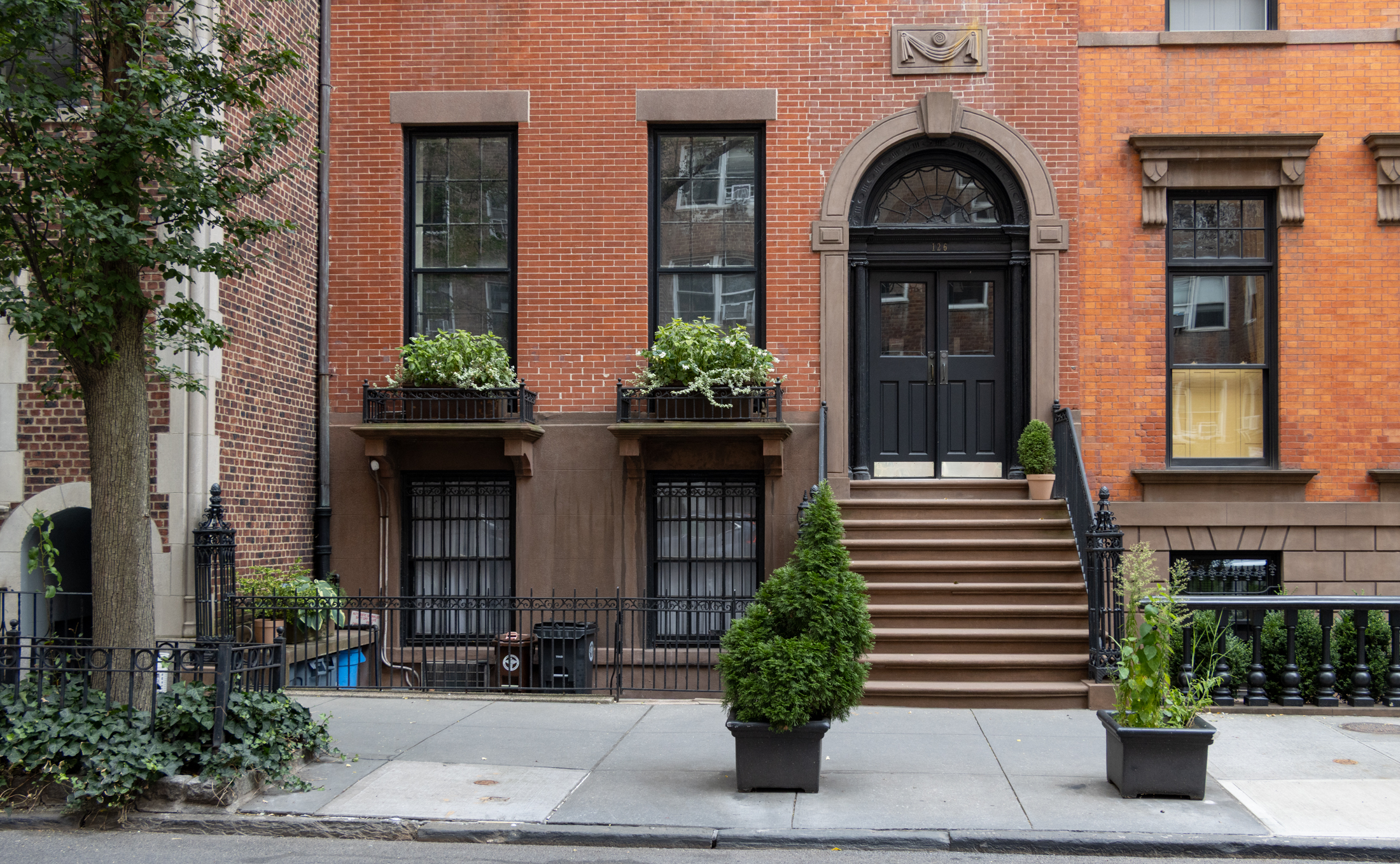 a row house with flowers in the window box