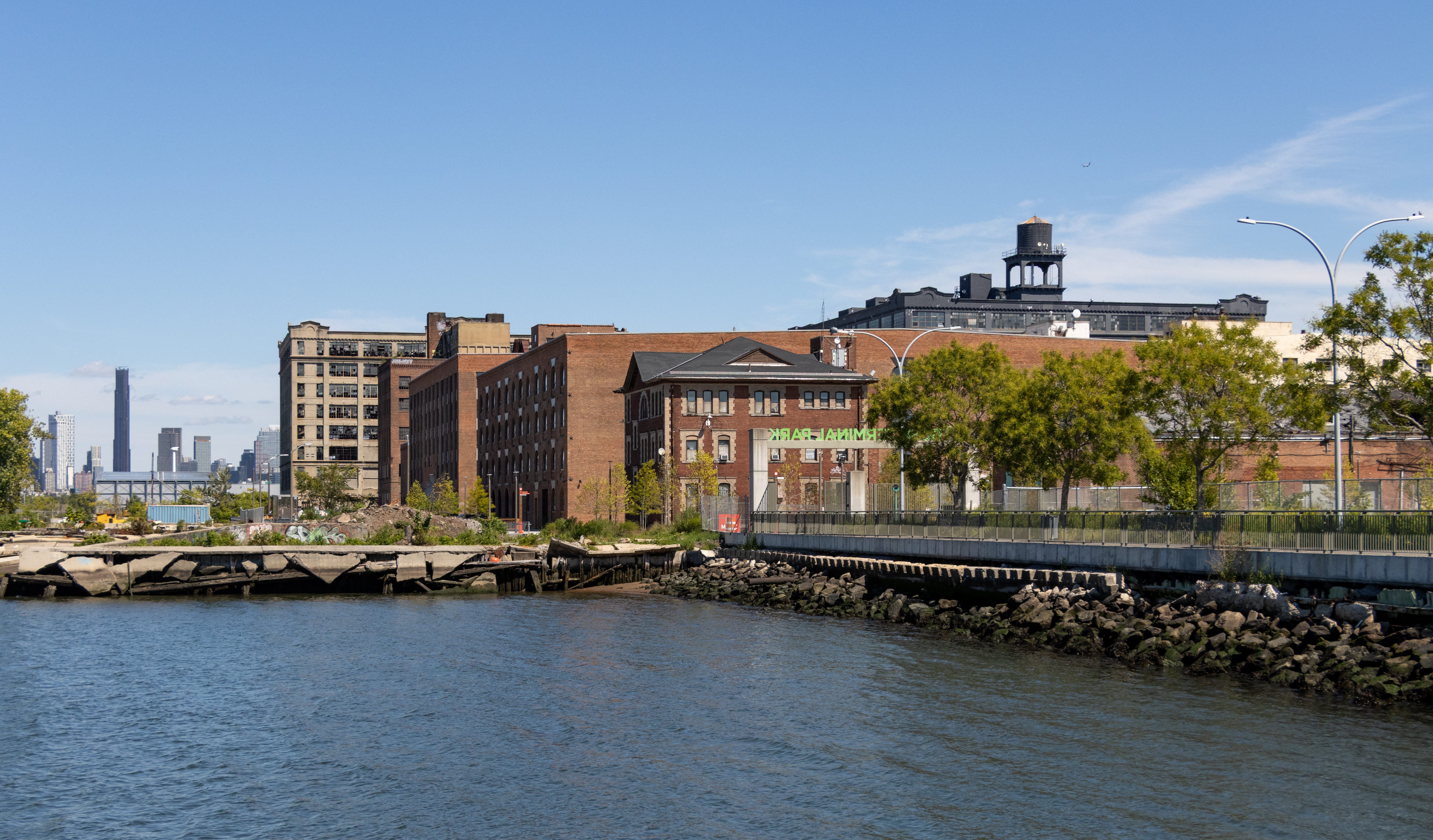 waterfront park with brick buidlings