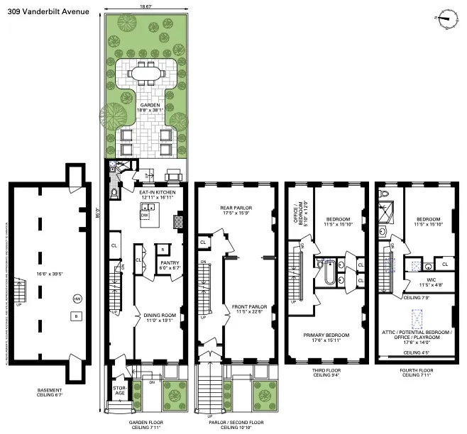 floorplan showing kitchen and dining on garden level , parlor level and two floors of bedroom space