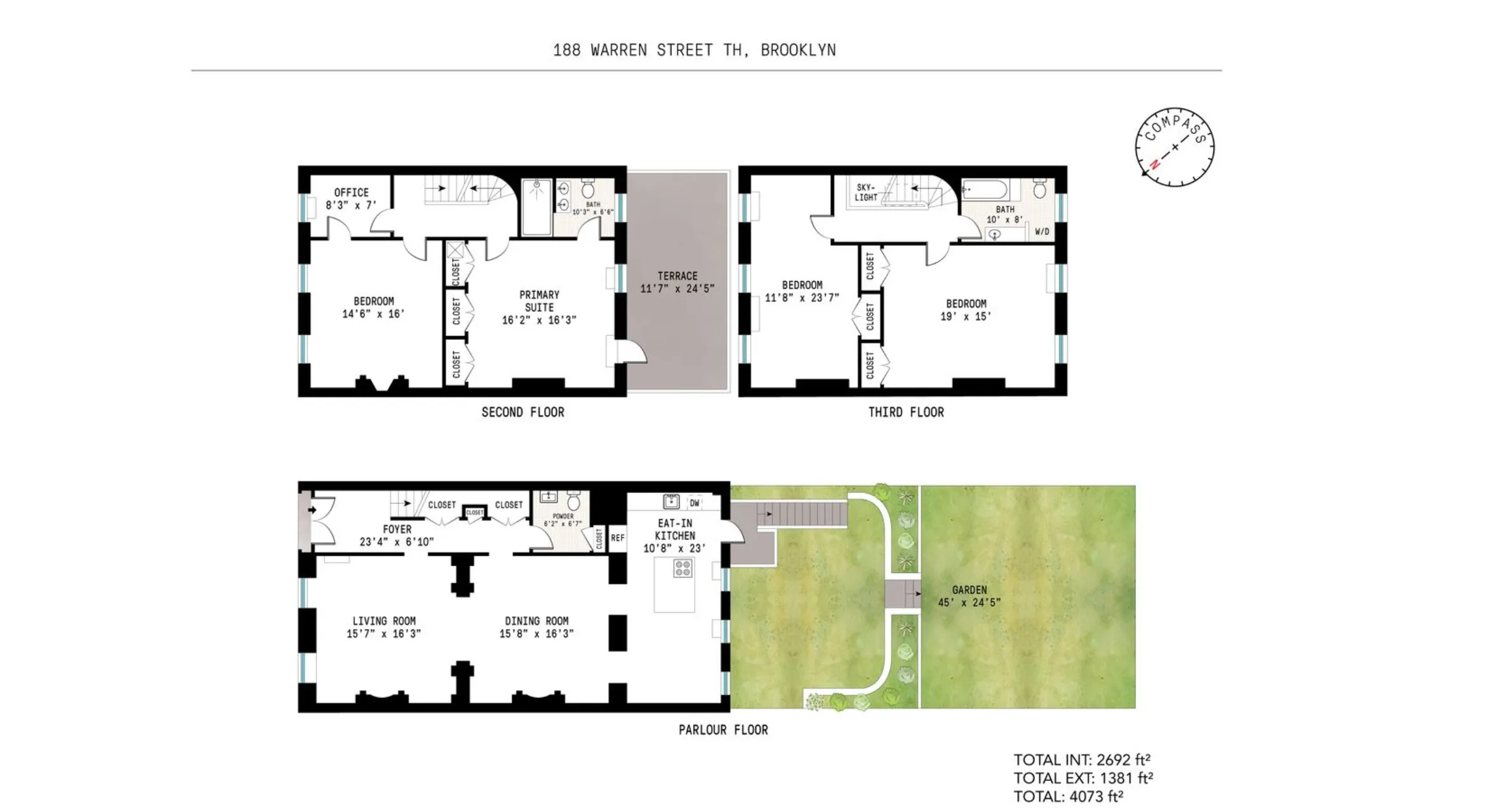 floorplans showing three floors of living space and a rear yard