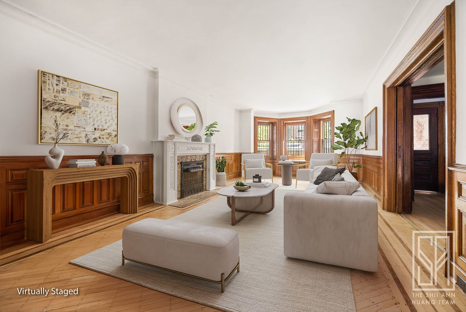 garden level with wainscoting virtually staged as a living room