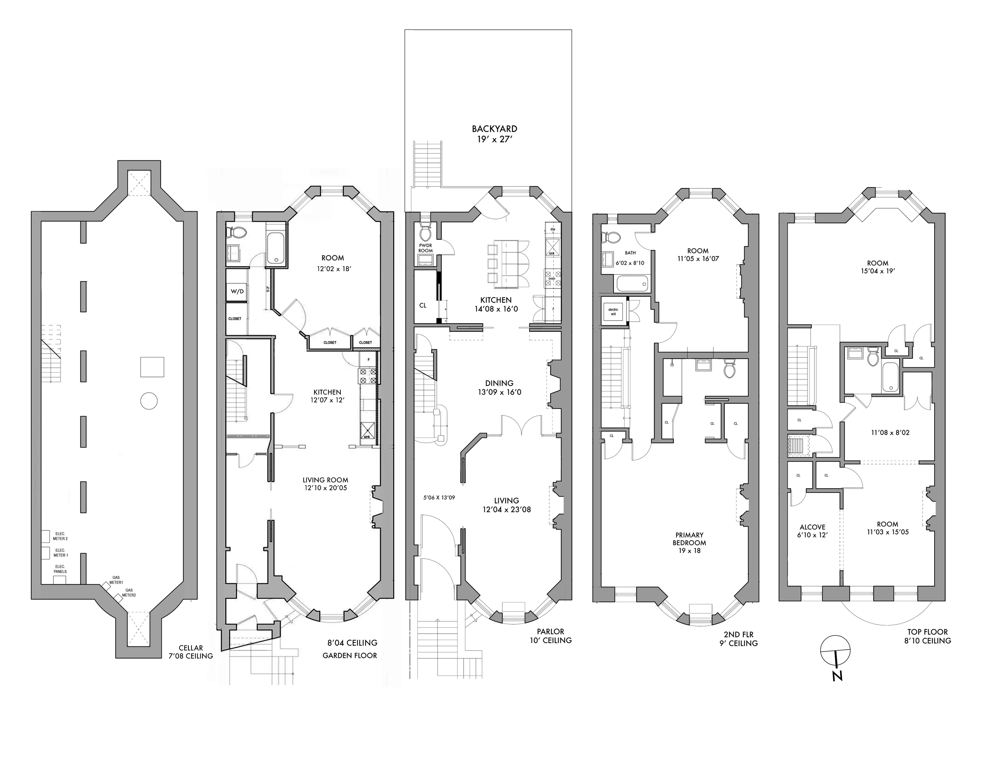 floorplan showing a triplex above a garden level apartment