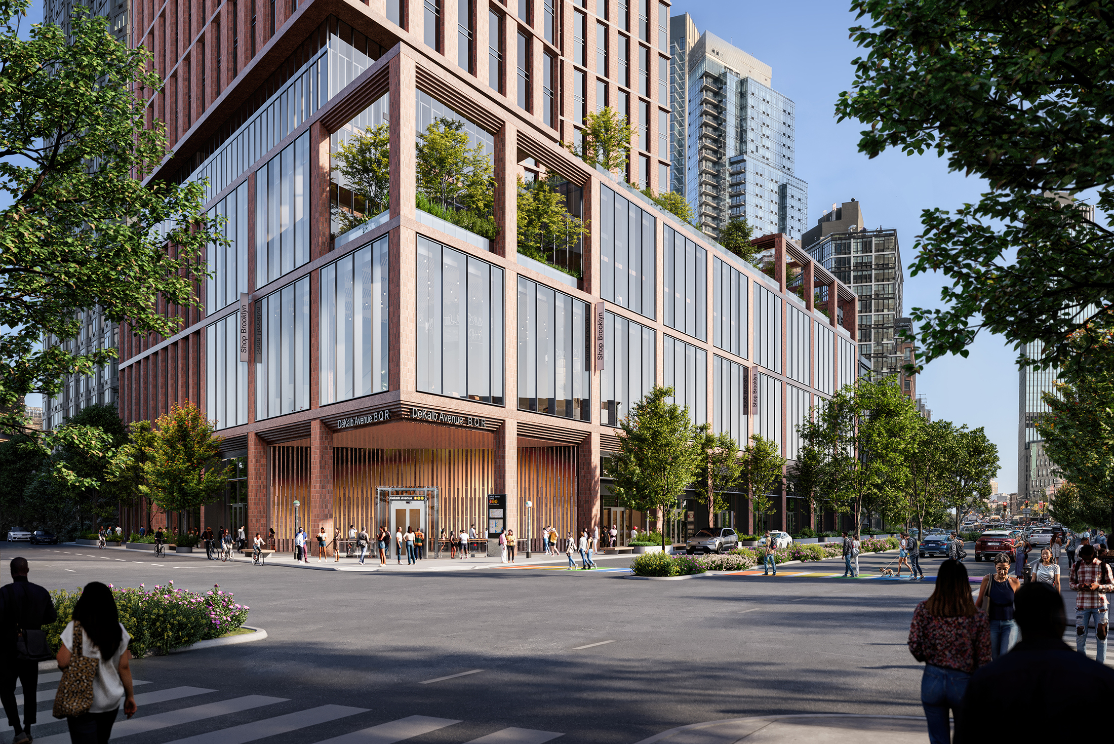 rendering of the streetlevel of a multi-story building