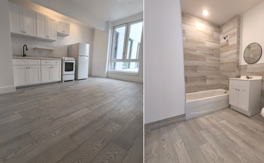 a kitchen and a bathroom interior with white cabinets and fixtures