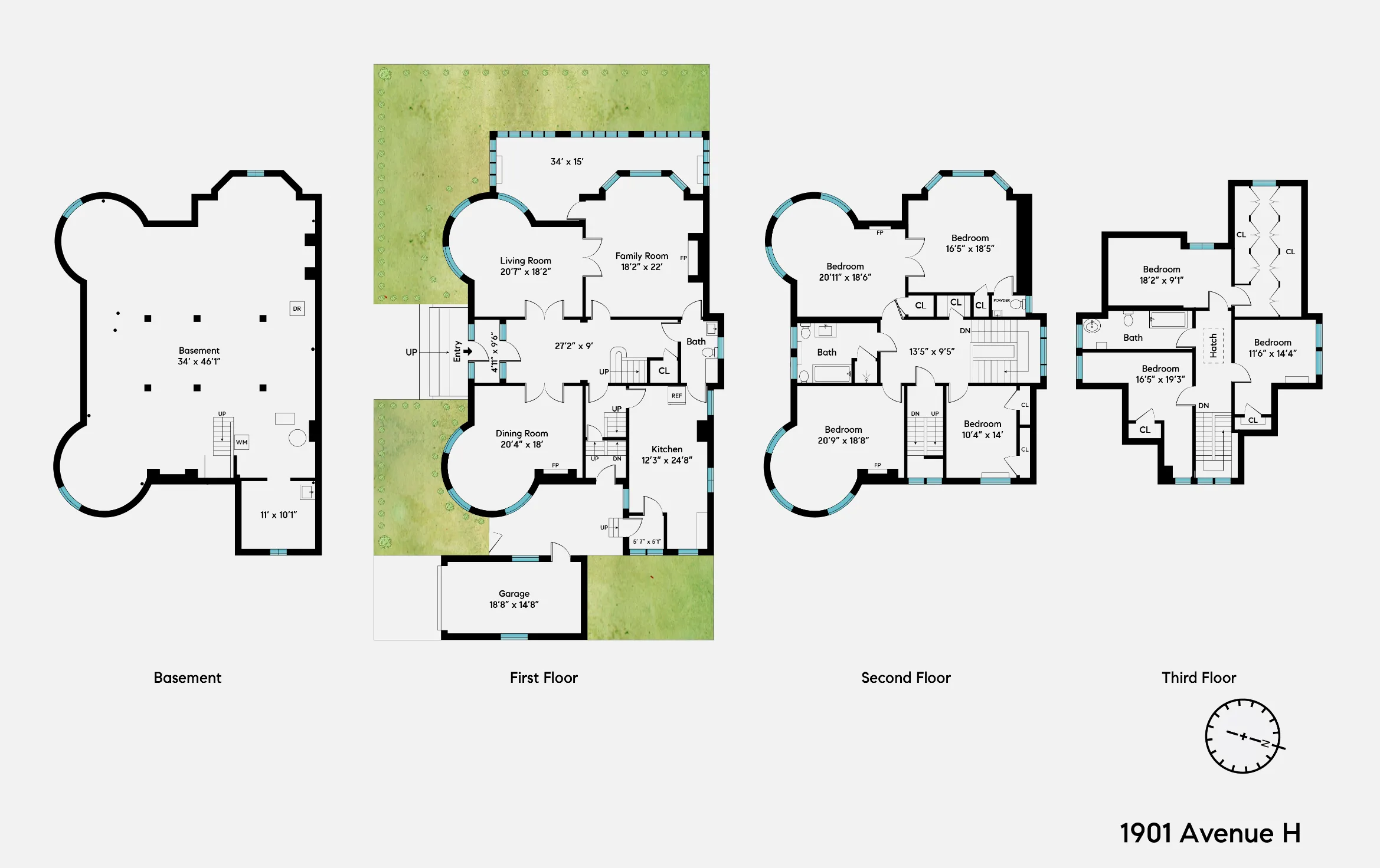 floorplan showing three floors of living space plus basement
