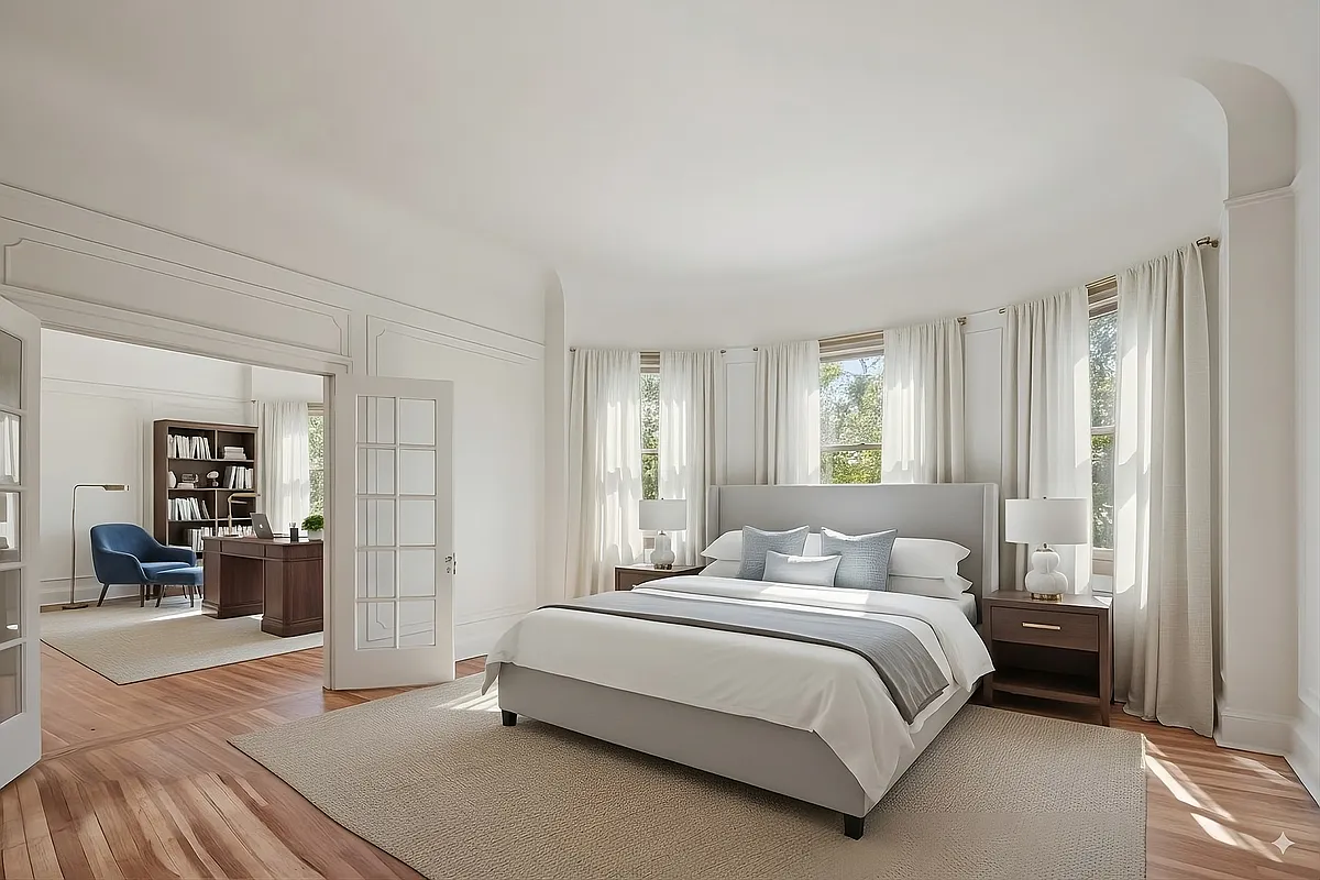 bedroom with white walls, french doors