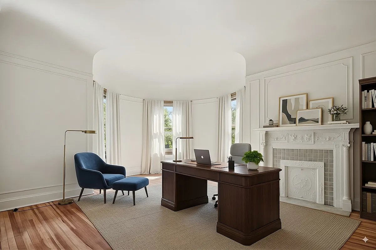bedroom set up as an office with white walls, mantel