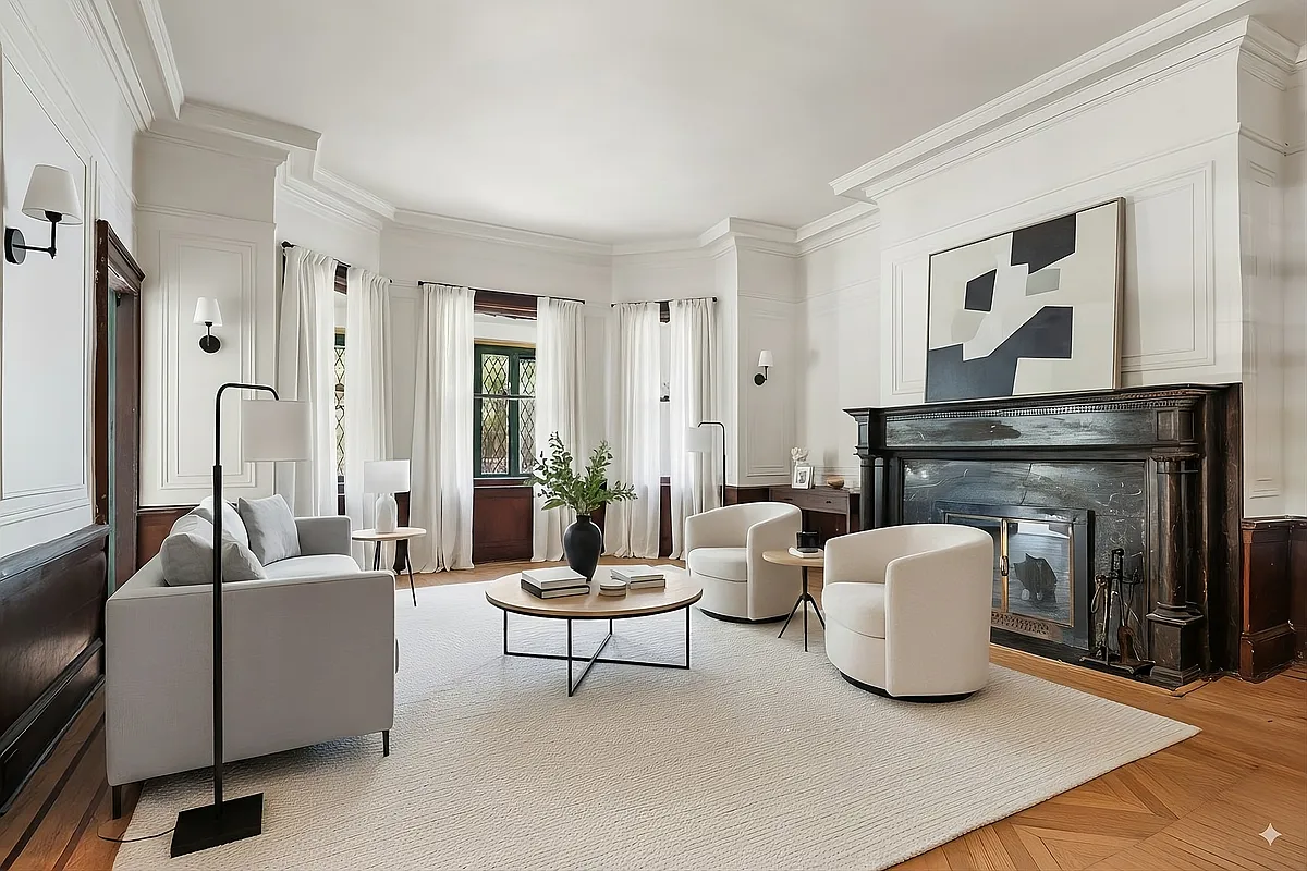 parlor with mantel, white walls with wall moldings