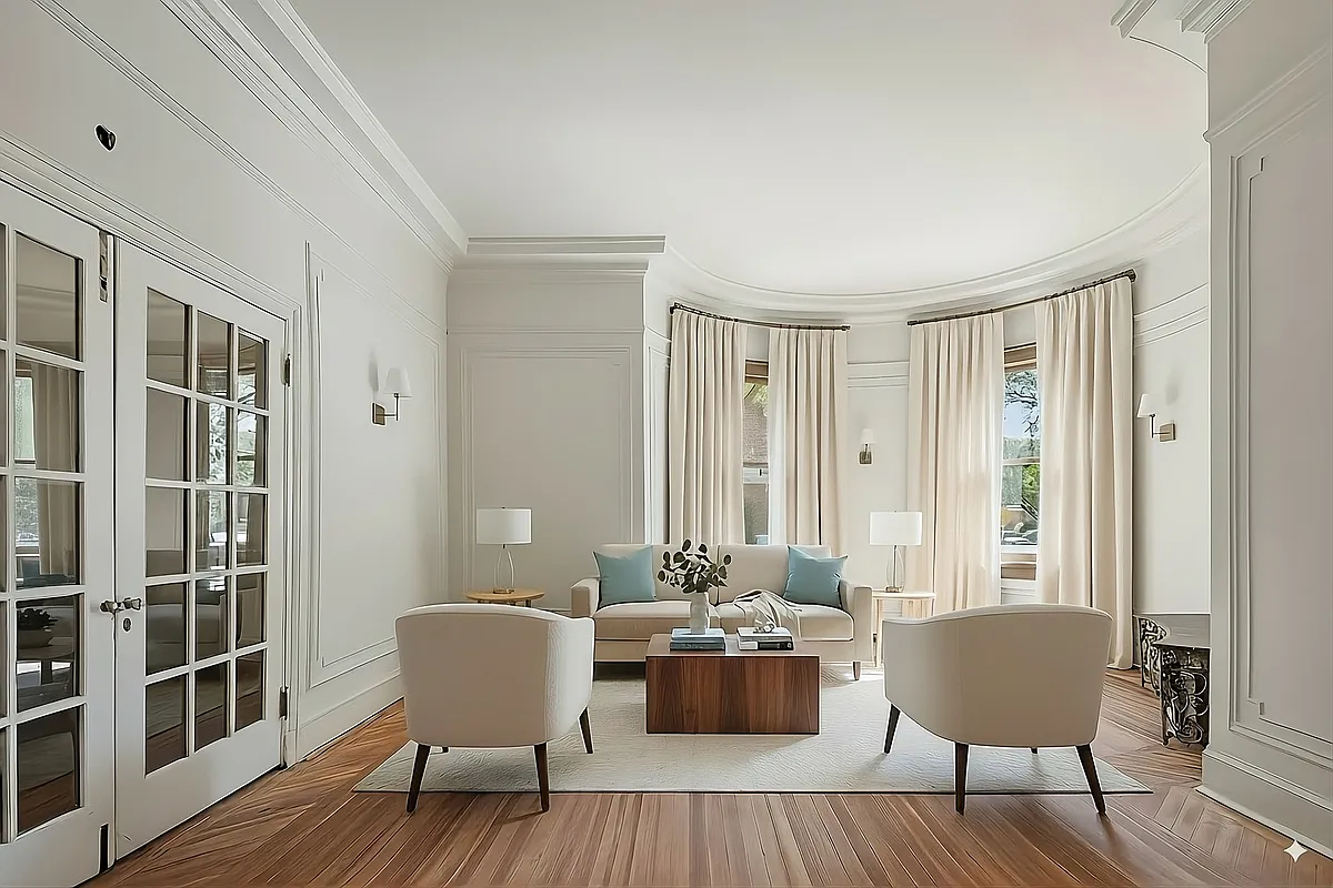 parlor with french doors, white walls, wall moldings