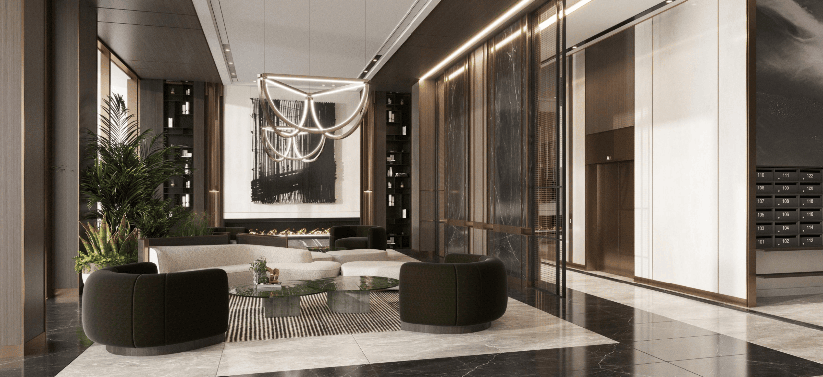 lobby with black floors and view of mailboxes at 20 rockwell place