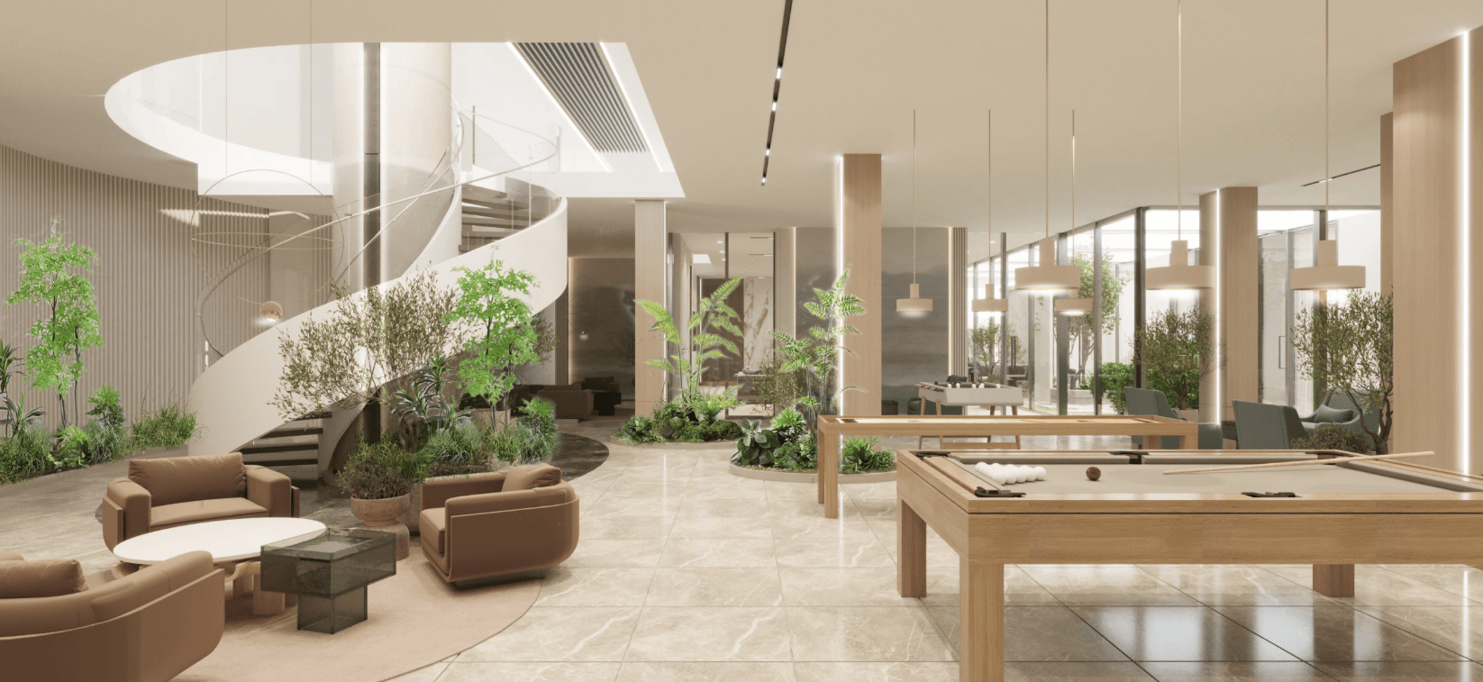 rending of a lounge with pool tables, plantings