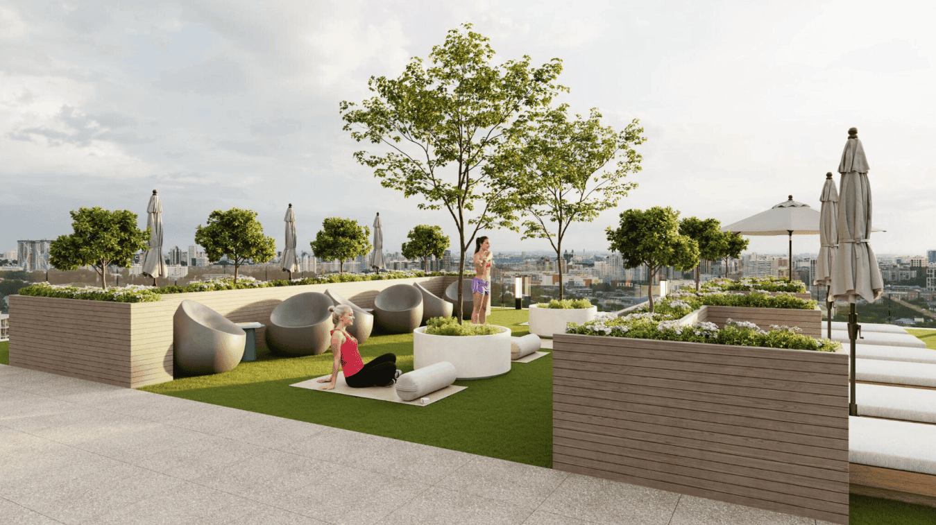 rendering of a rooftop terrace with plantings, seating
