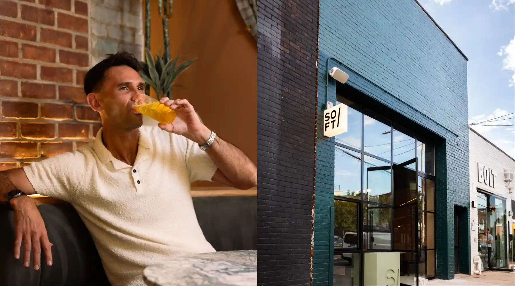man drinking drink collaged with storefront