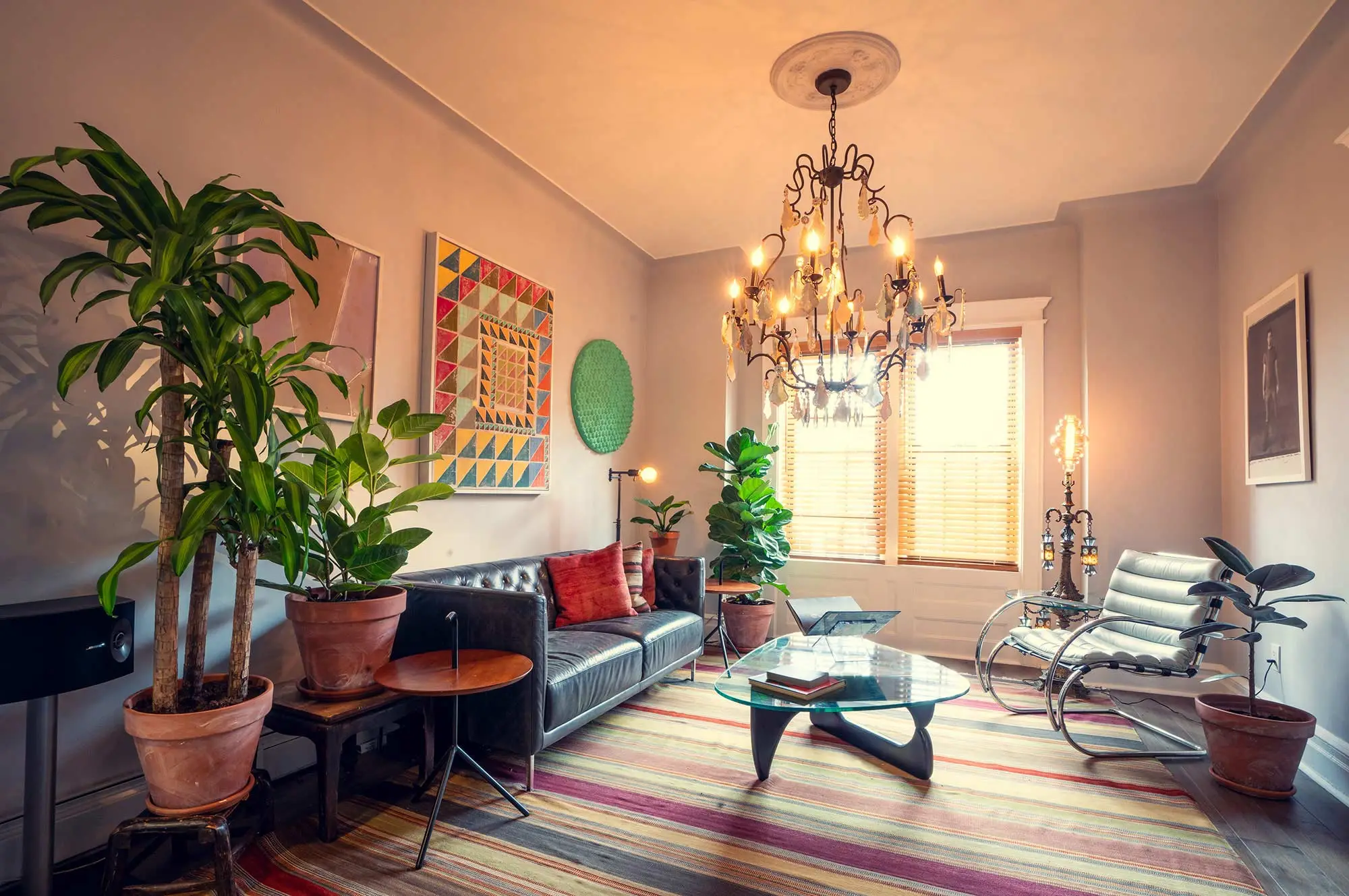 living room with striped rug