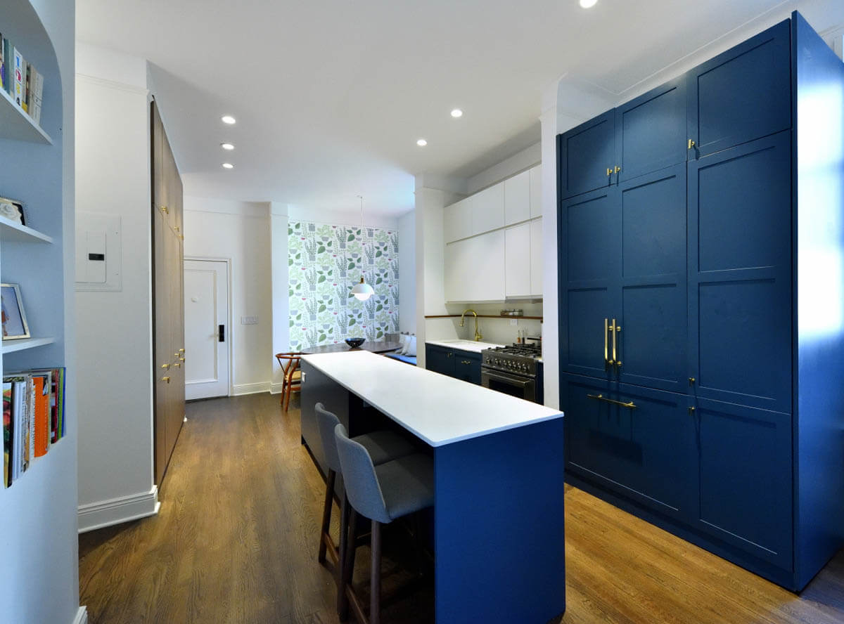 kitchen with blue cabinets