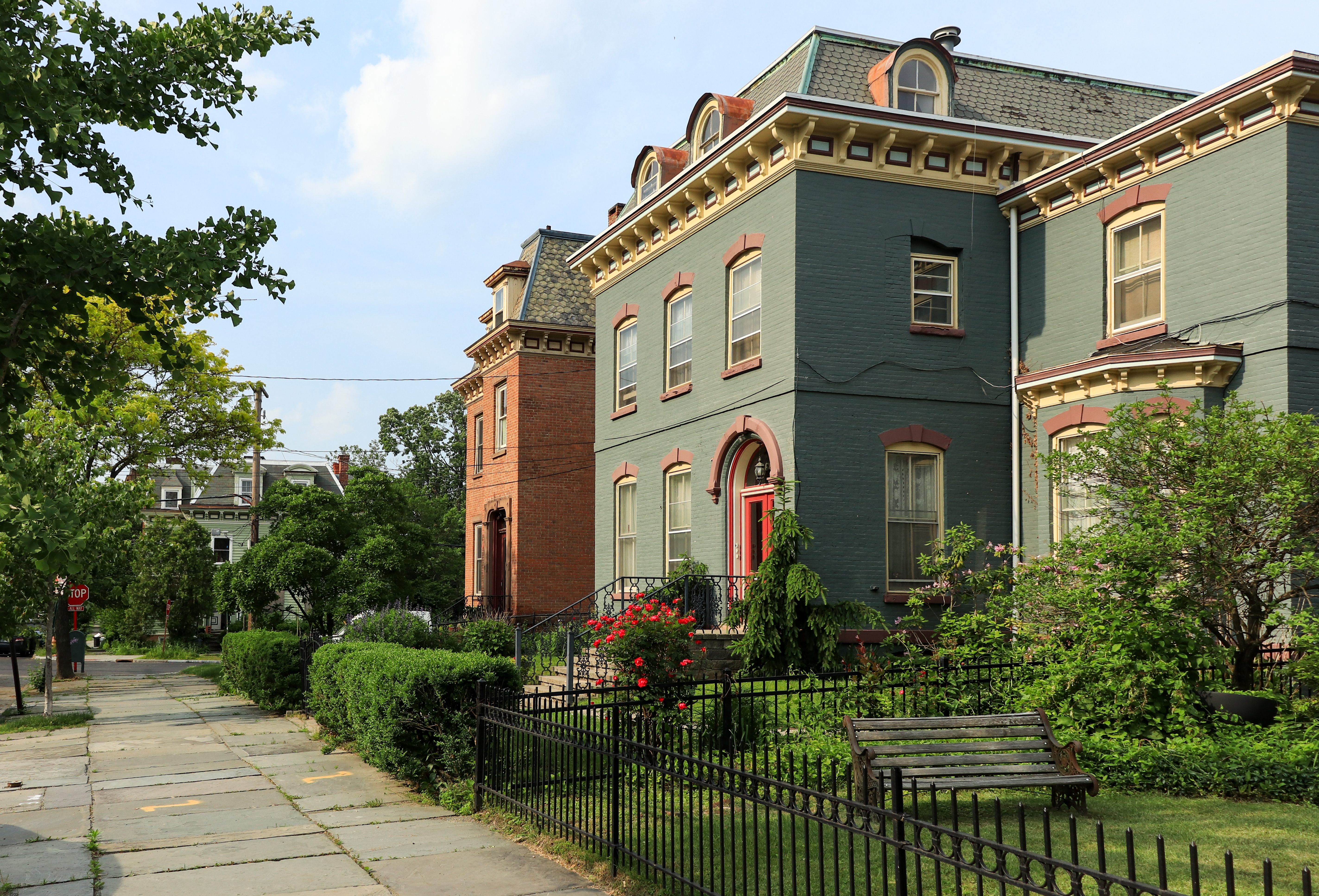 residential street with colorful houses