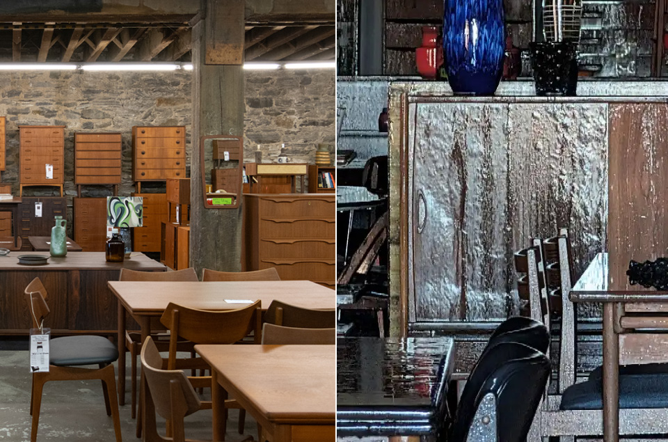 lfurniture in the warehouse before and after a fire