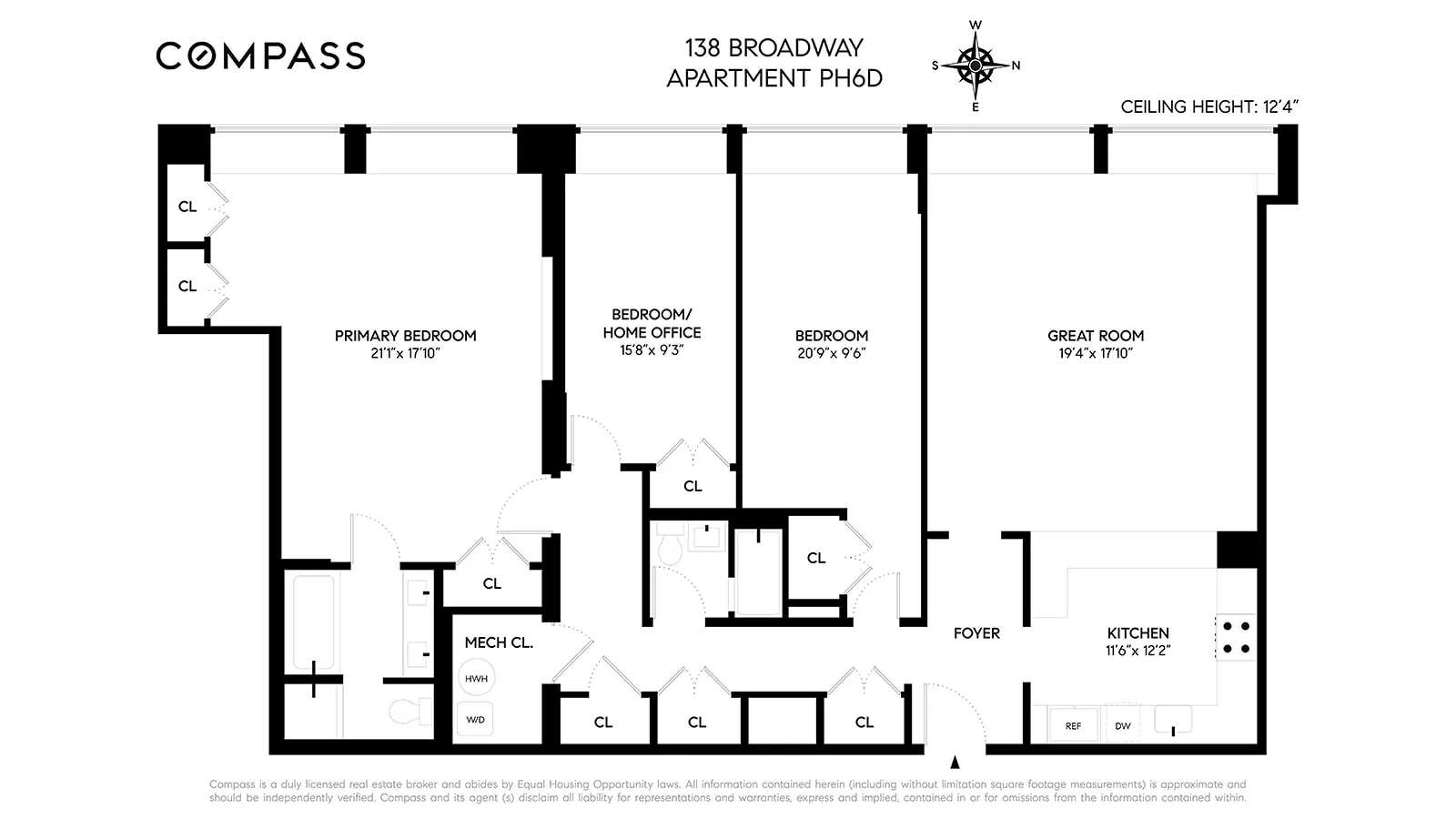 floorplan showing three bedrooms, six closets, and two bathrooms
