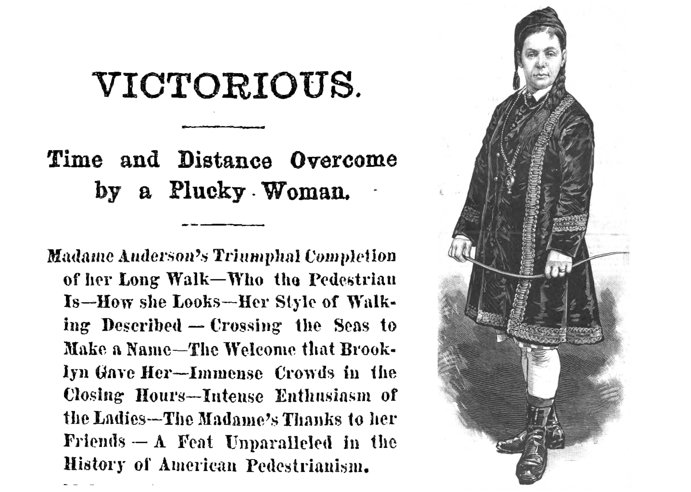 headline saying "victorious" and a black and white sketch of a woman in a walking costume