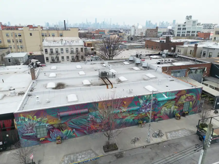 aerial of building with mural