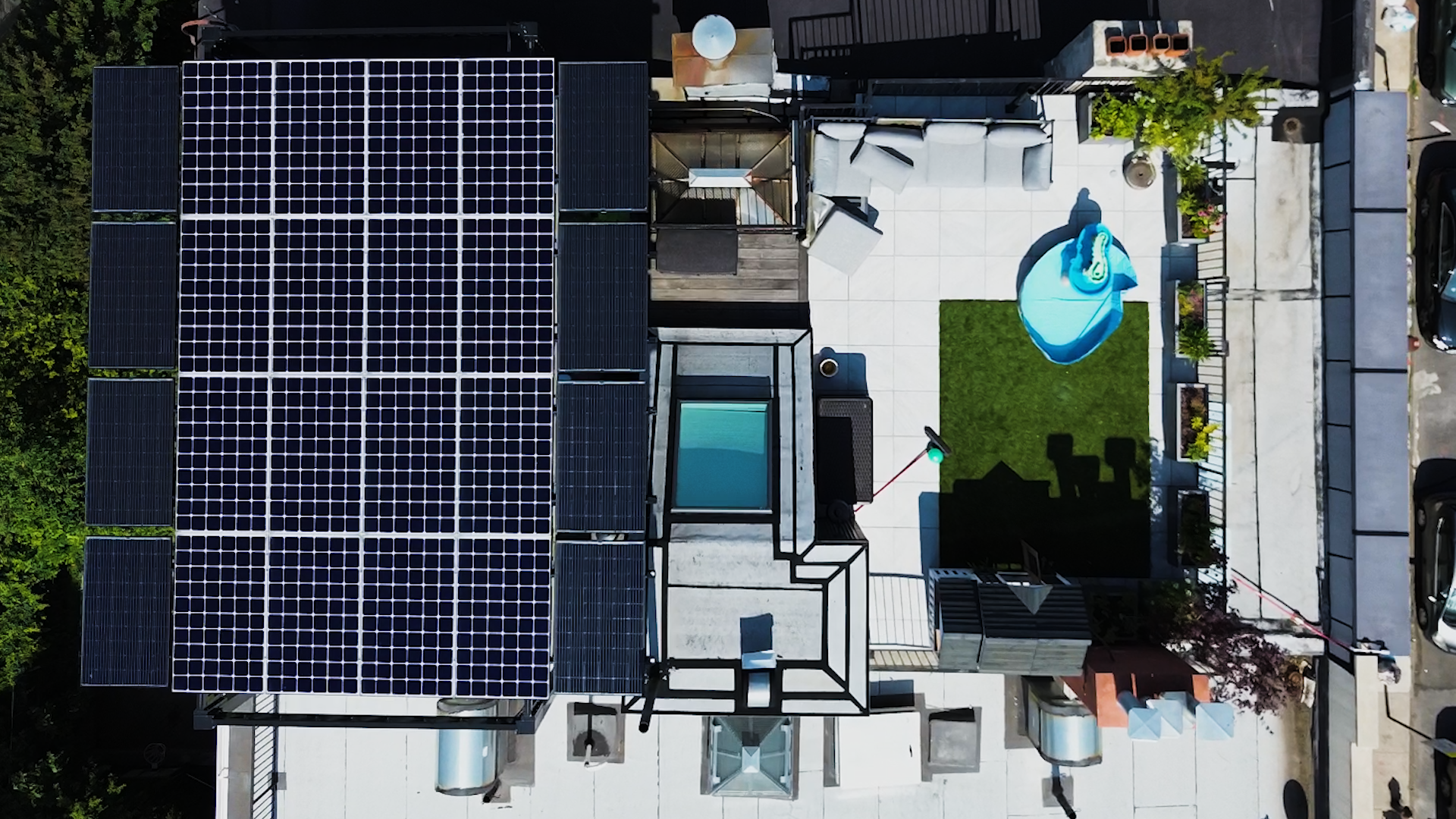drone shot of a brooklyn roof with solar panels