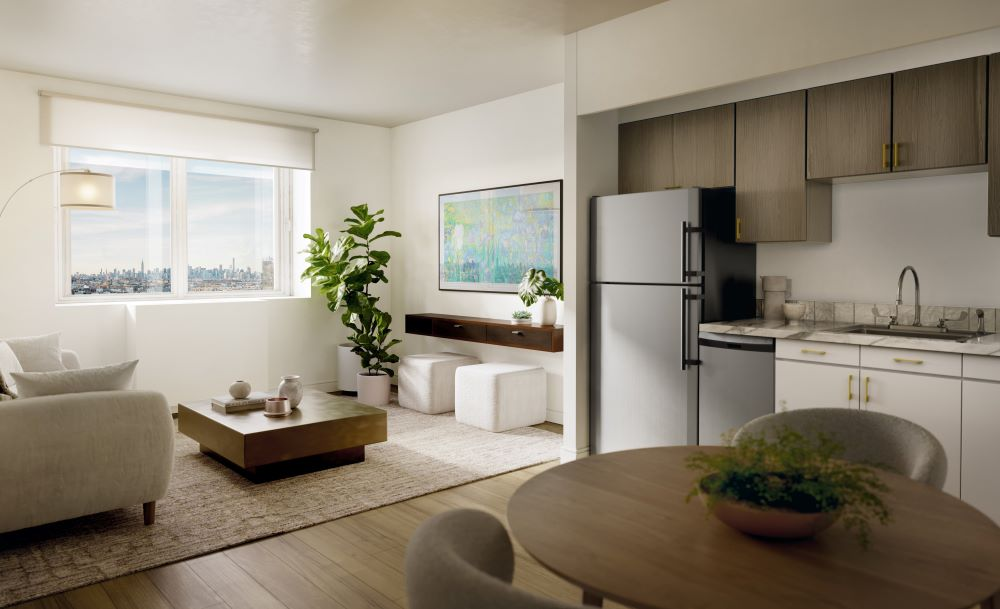 rendering of an interior with an open plan kitchen and living room