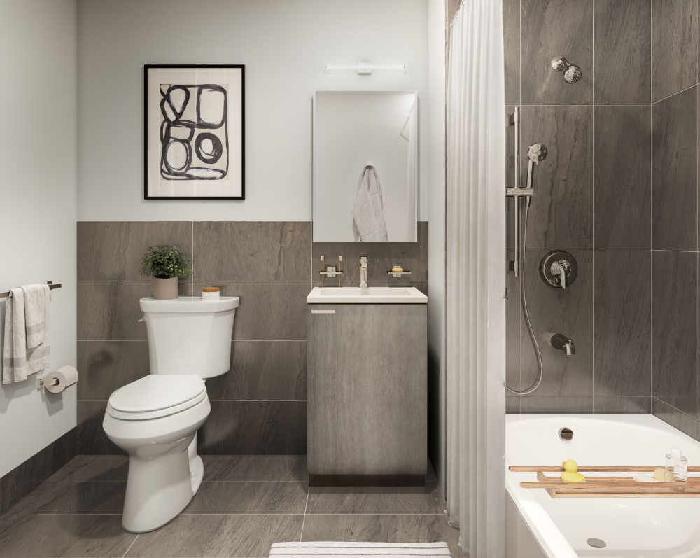 rendering of a bathroom with white fixtures and gray tile
