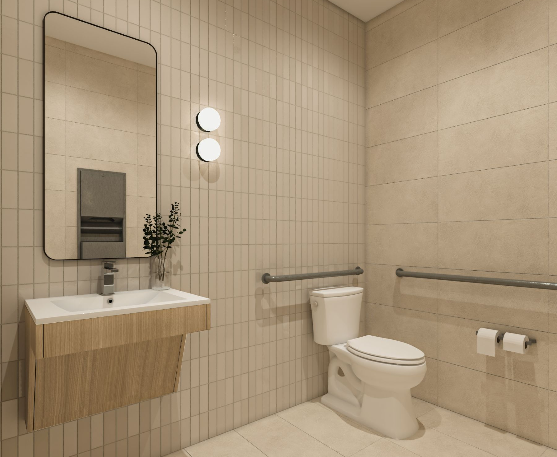 bathroom with neutral tiles and a floating vanity