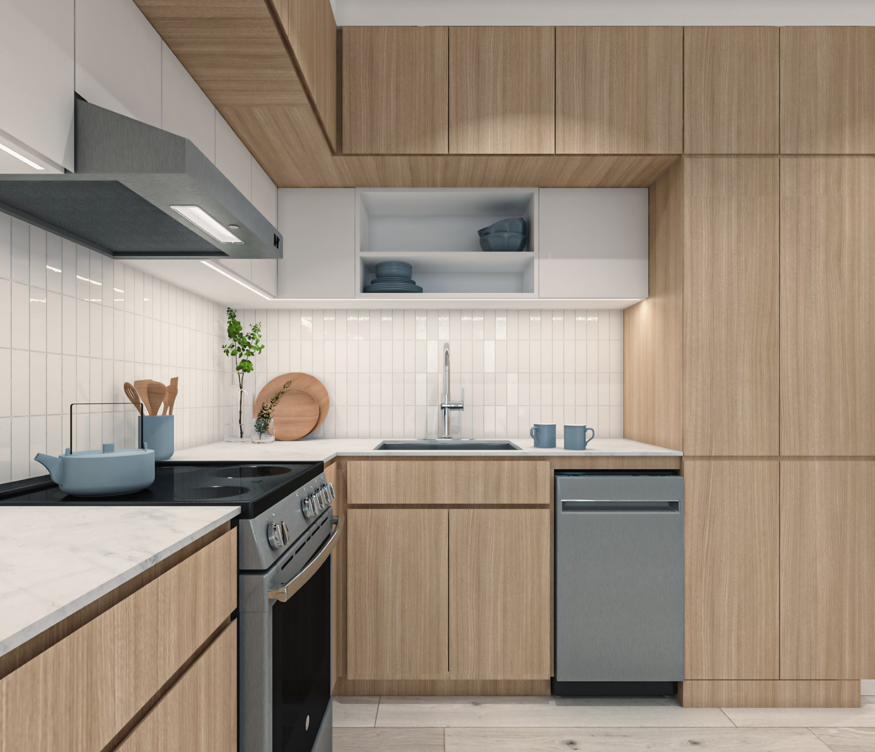 kitchen with neutral cabinets and white tile backsplash